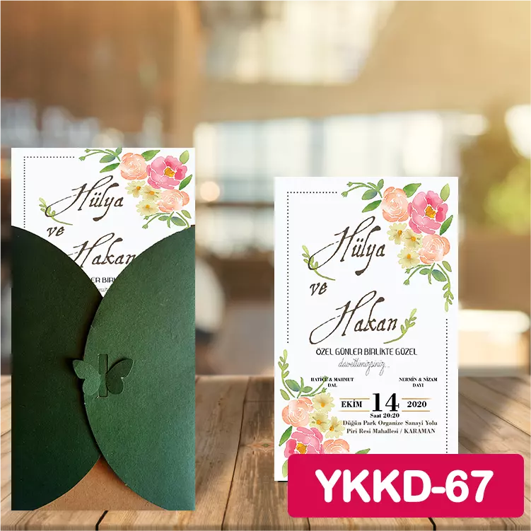 ozen-davetiye-Düğün Davetiyesi - Yeşil Kelebekli Kraft Zarflı Davetiye Model No:67