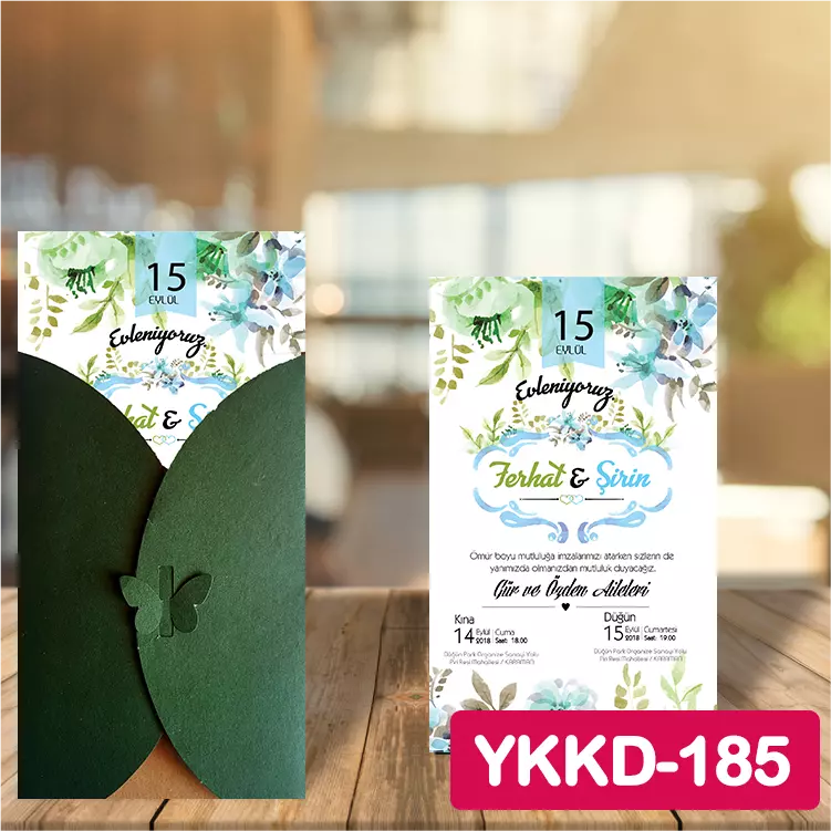 ozen-davetiye-Düğün Davetiyesi - Yeşil Kelebekli Kraft Zarflı Davetiye Model No:185