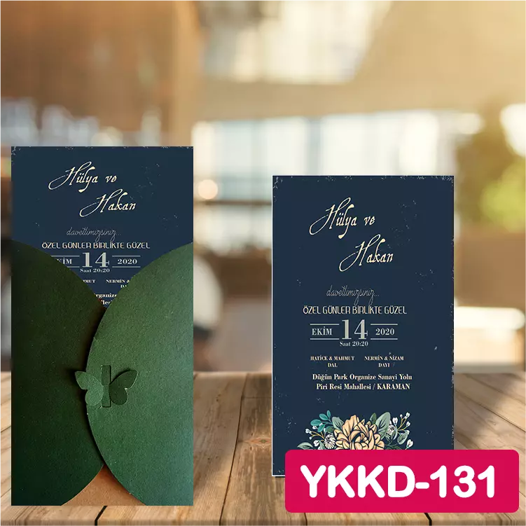 ozen-davetiye-Düğün Davetiyesi - Yeşil Kelebekli Kraft Zarflı Davetiye Model No:131
