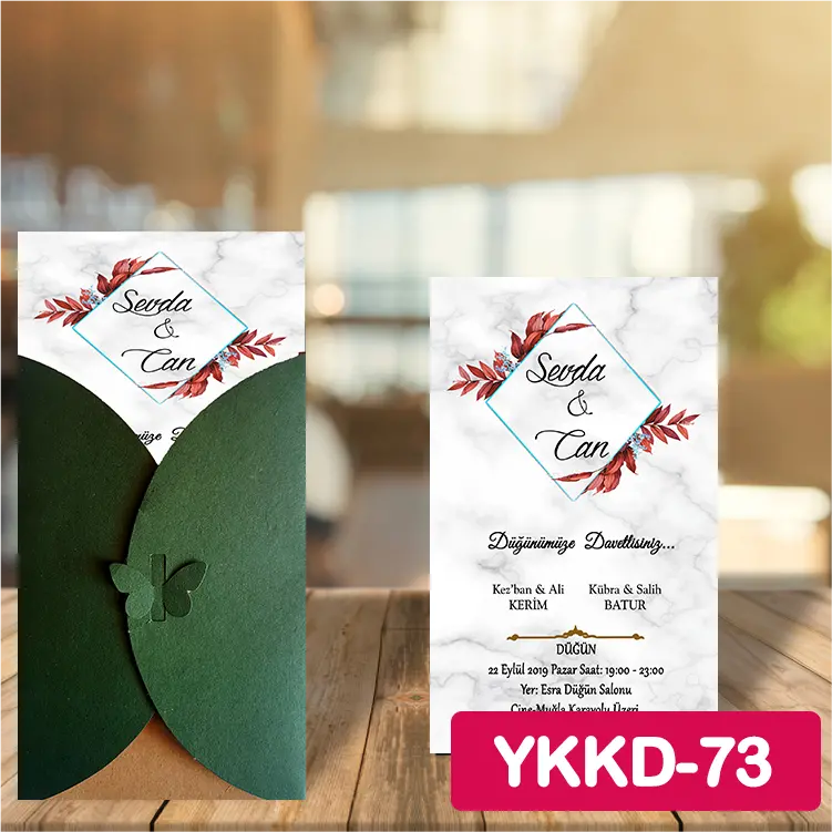 ozen-davetiye-Düğün Davetiyesi - Yeşil Kelebekli Kraft Zarflı Davetiye Model No:73