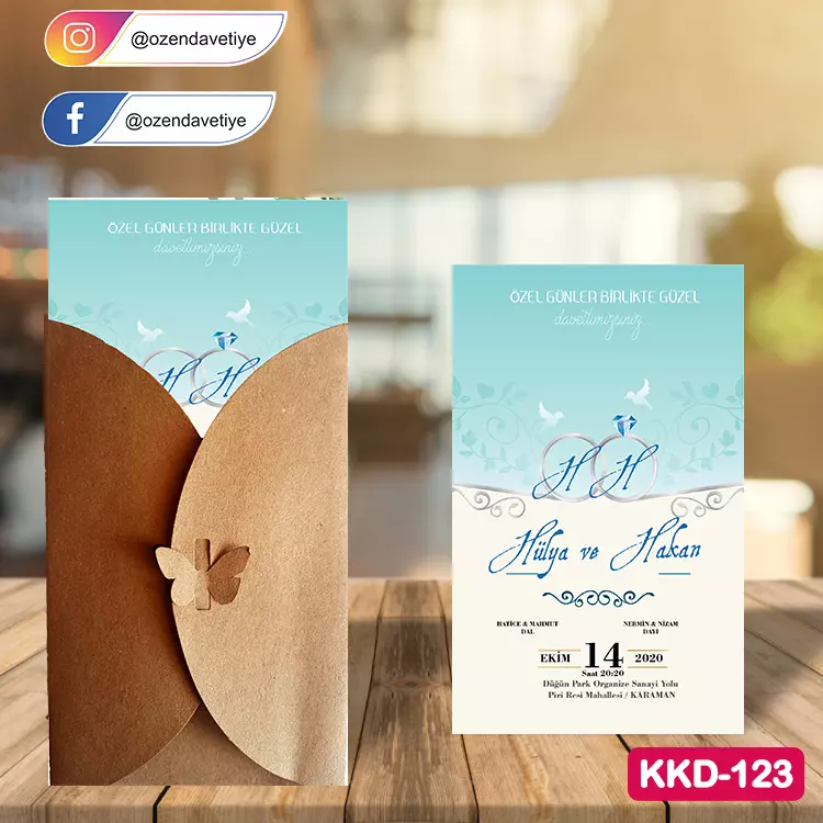 ozen-davetiye-Düğün Davetiyesi - Kelebekli Kraft Zarflı Davetiye Model No:123