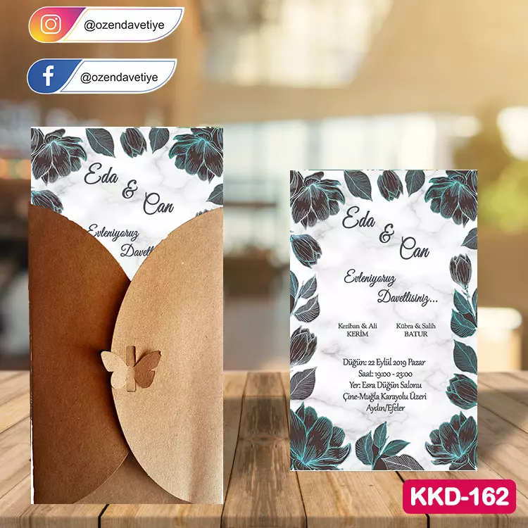 ozen-davetiye-Düğün Davetiyesi - Kelebekli Kraft Zarflı Davetiye Model No:162