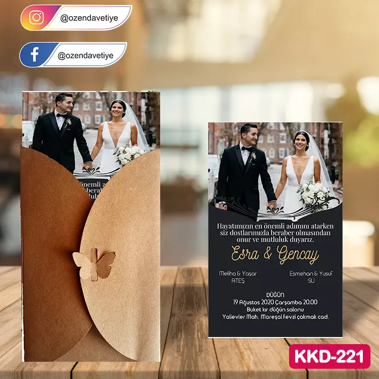 ozen-davetiye-Düğün Davetiyesi - Kelebekli Kraft Zarflı Davetiye Model No:221