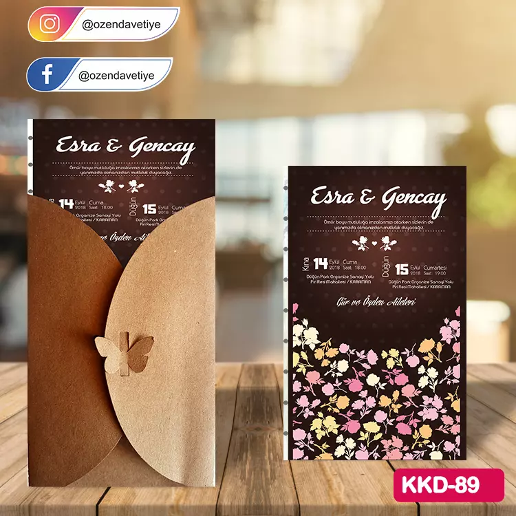ozen-davetiye-Düğün Davetiyesi - Kelebekli Kraft Zarflı Davetiye Model No:89