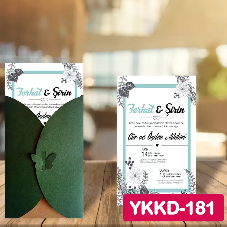 ozen-davetiye-Düğün Davetiyesi - Yeşil Kelebekli Kraft Zarflı Davetiye Model No:181