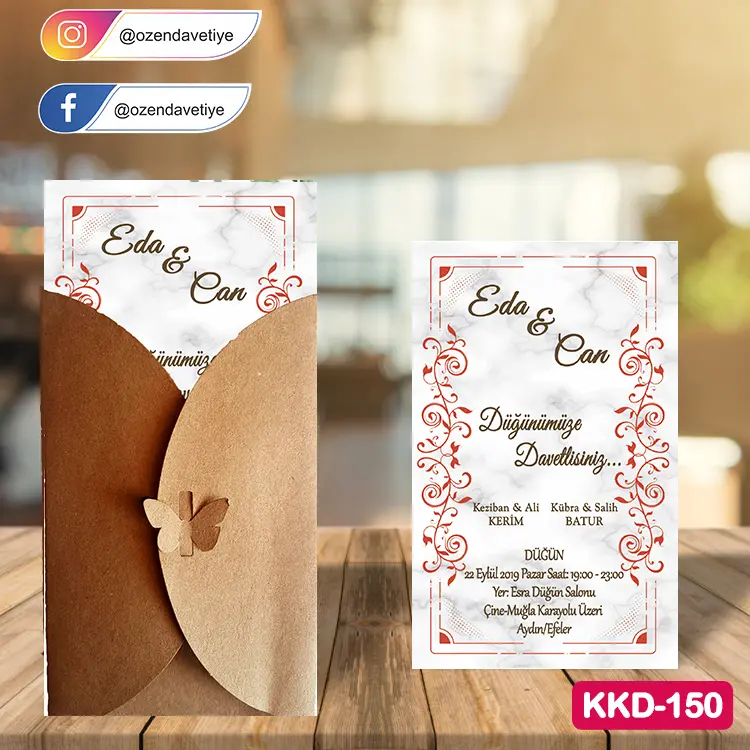 ozen-davetiye-Düğün Davetiyesi - Kelebekli Kraft Zarflı Davetiye Model No:150