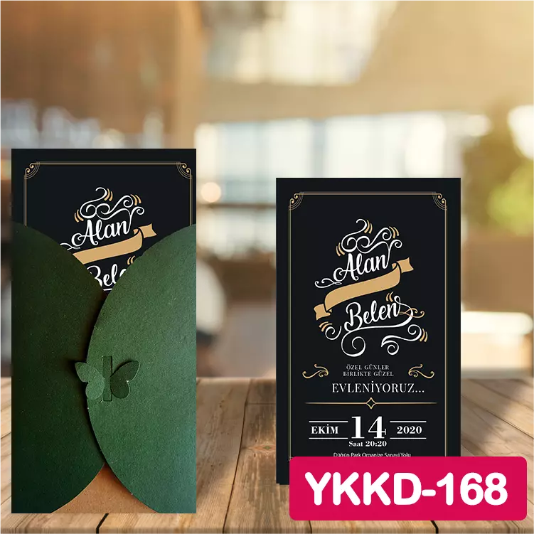 ozen-davetiye-Düğün Davetiyesi - Yeşil Kelebekli Kraft Zarflı Davetiye Model No:168