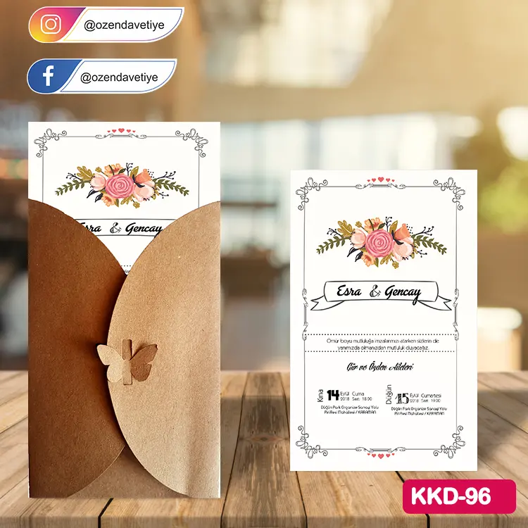 ozen-davetiye-Düğün Davetiyesi - Kelebekli Kraft Zarflı Davetiye Model No:96