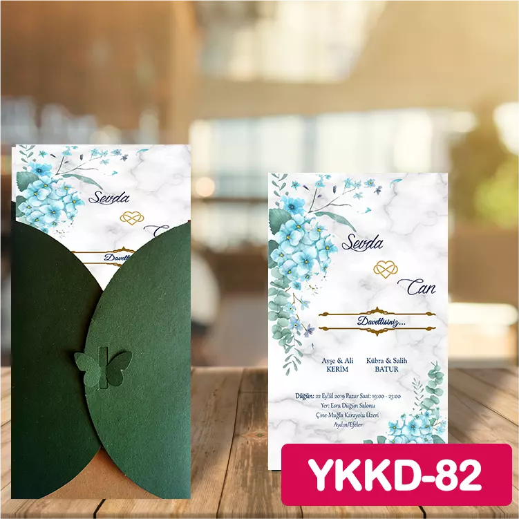ozen-davetiye-Düğün Davetiyesi - Yeşil Kelebekli Kraft Zarflı Davetiye Model No:82