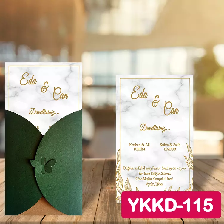ozen-davetiye-Düğün Davetiyesi - Yeşil Kelebekli Kraft Zarflı Davetiye Model No:115