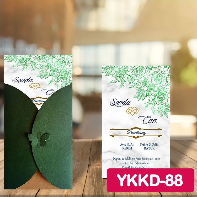 ozen-davetiye-Düğün Davetiyesi - Yeşil Kelebekli Kraft Zarflı Davetiye Model No:88