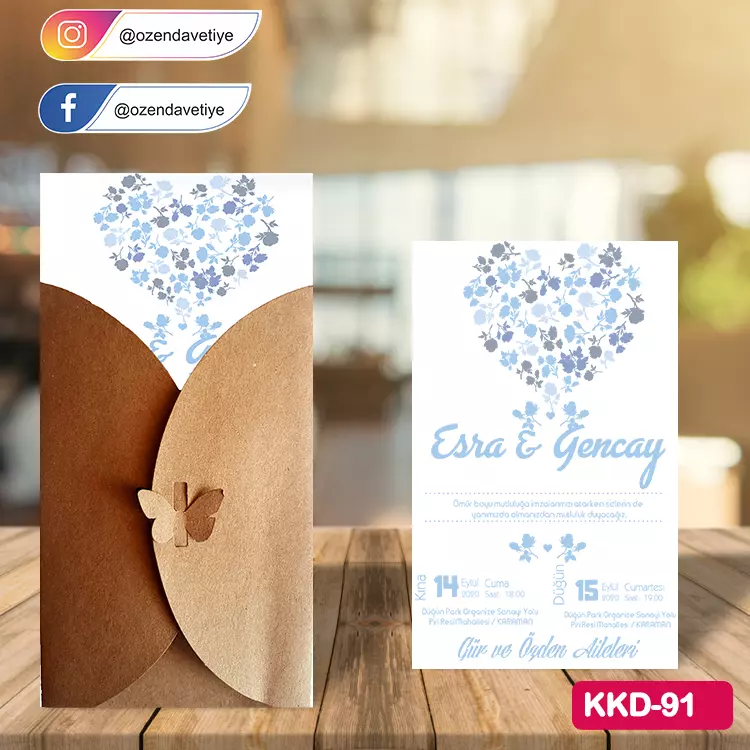 ozen-davetiye-Düğün Davetiyesi - Kelebekli Kraft Zarflı Davetiye Model No:91