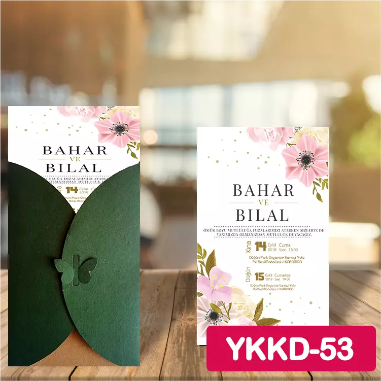 ozen-davetiye-Düğün Davetiyesi - Yeşil Kelebekli Kraft Zarflı Davetiye Model No:53