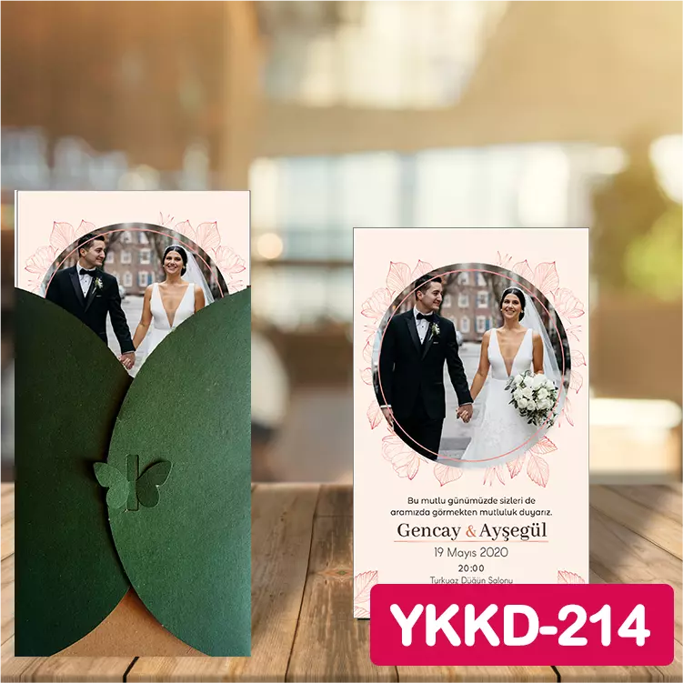 ozen-davetiye-Düğün Davetiyesi - Yeşil Kelebekli Kraft Zarflı Davetiye Model No:214