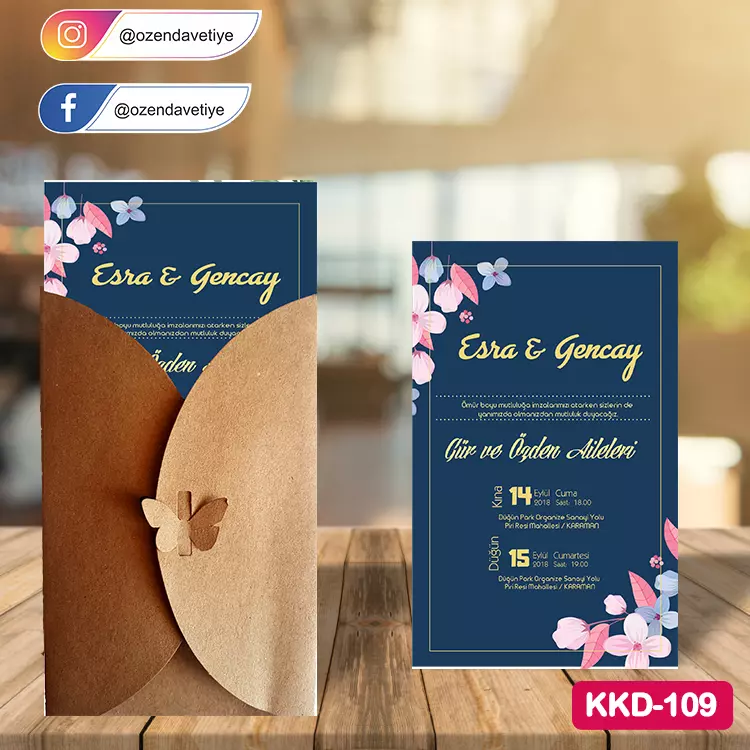 ozen-davetiye-Düğün Davetiyesi - Kelebekli Kraft Zarflı Davetiye Model No:109