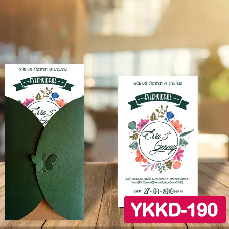 ozen-davetiye-Düğün Davetiyesi - Yeşil Kelebekli Kraft Zarflı Davetiye Model No:190