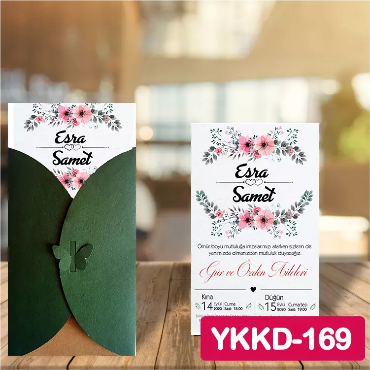 ozen-davetiye-Düğün Davetiyesi - Yeşil Kelebekli Kraft Zarflı Davetiye Model No:169