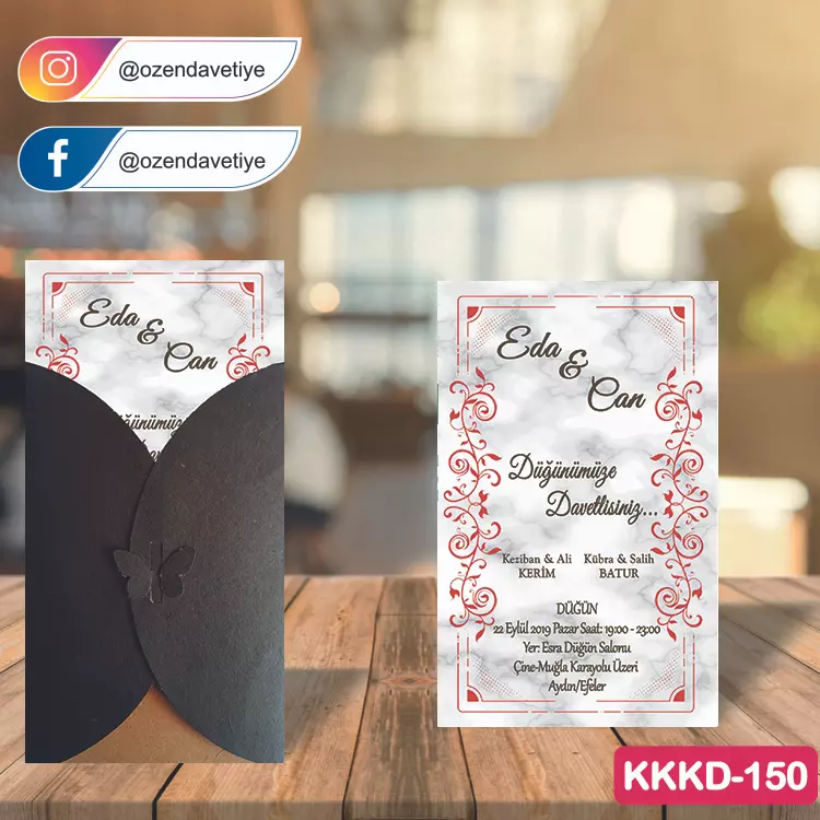 ozen-davetiye-Düğün Davetiyesi - Kahverengi Kelebekli Kraft Zarflı Davetiye Model No:150
