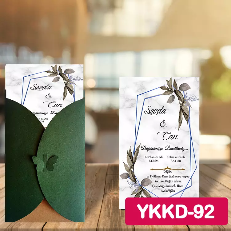 ozen-davetiye-Düğün Davetiyesi - Yeşil Kelebekli Kraft Zarflı Davetiye Model No:92