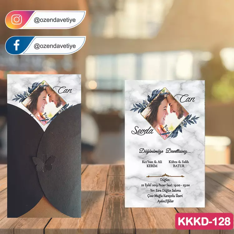 ozen-davetiye-Düğün Davetiyesi - Kahverengi Kelebekli Kraft Zarflı Davetiye Model No:128