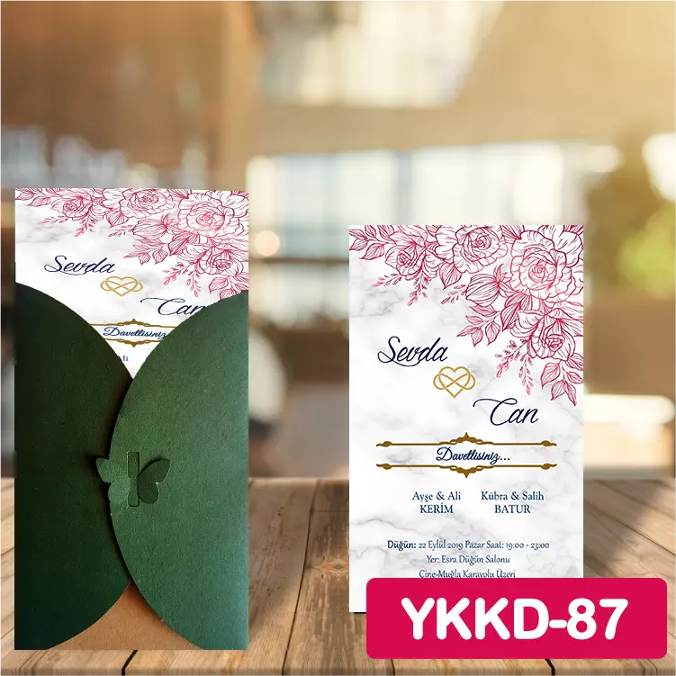 ozen-davetiye-Düğün Davetiyesi - Yeşil Kelebekli Kraft Zarflı Davetiye Model No:87