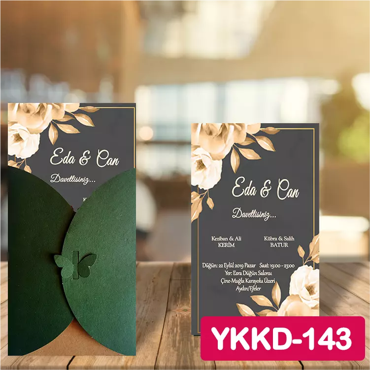 ozen-davetiye-Düğün Davetiyesi - Yeşil Kelebekli Kraft Zarflı Davetiye Model No:143