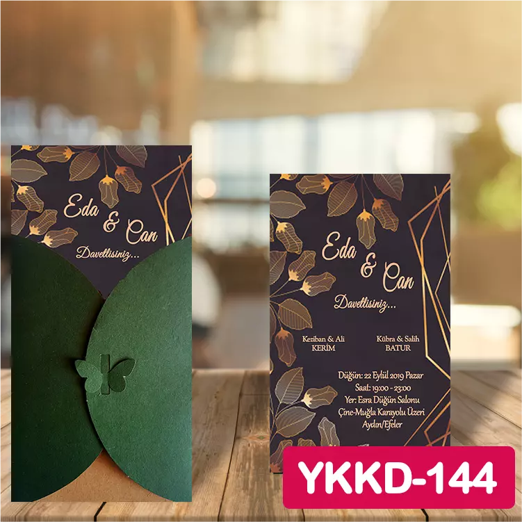 ozen-davetiye-Düğün Davetiyesi - Yeşil Kelebekli Kraft Zarflı Davetiye Model No:144