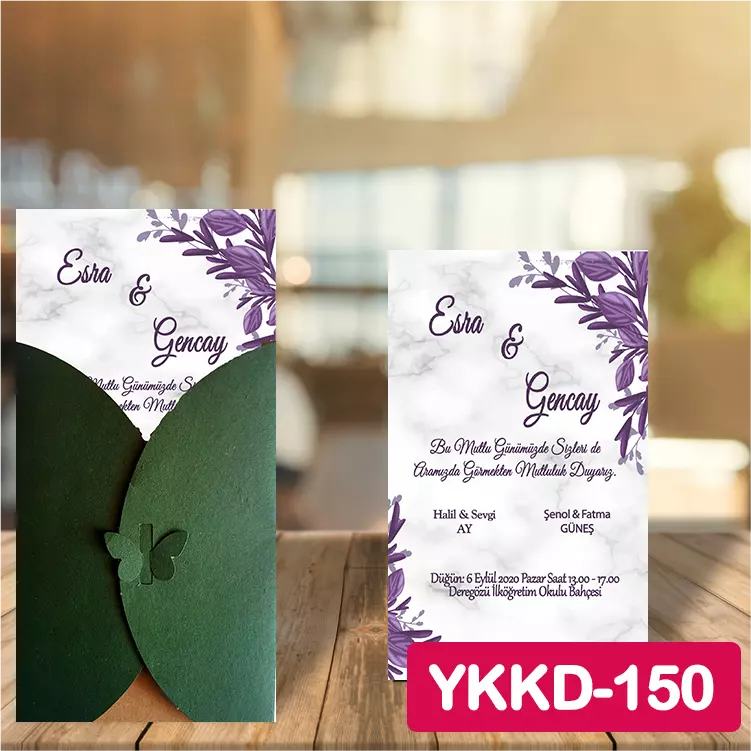 ozen-davetiye-Düğün Davetiyesi - Yeşil Kelebekli Kraft Zarflı Davetiye Model No:150