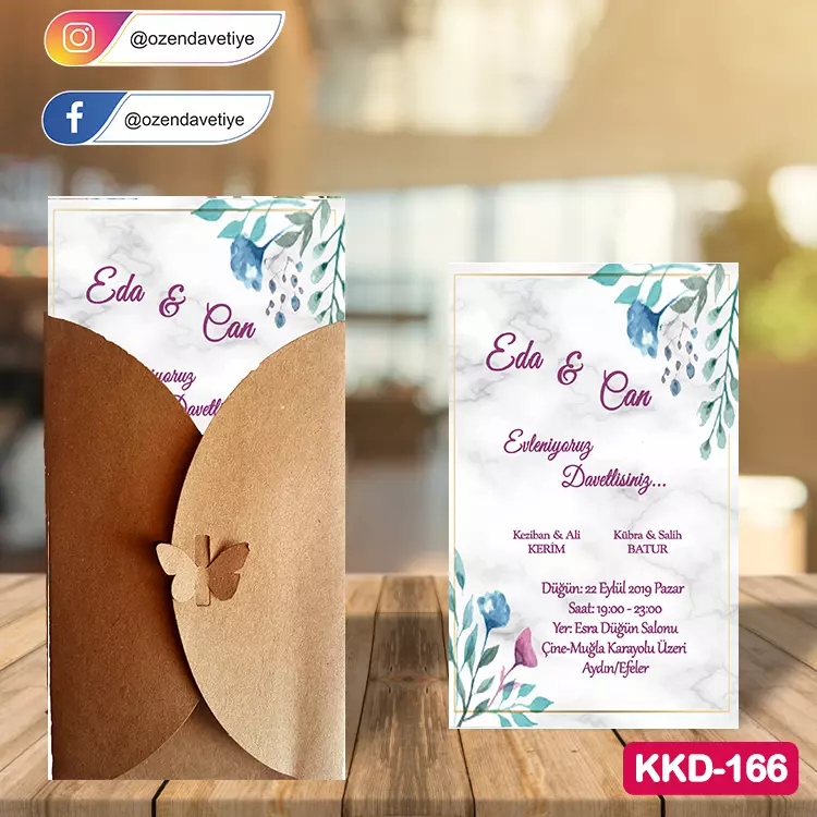 ozen-davetiye-Düğün Davetiyesi - Kelebekli Kraft Zarflı Davetiye Model No:166